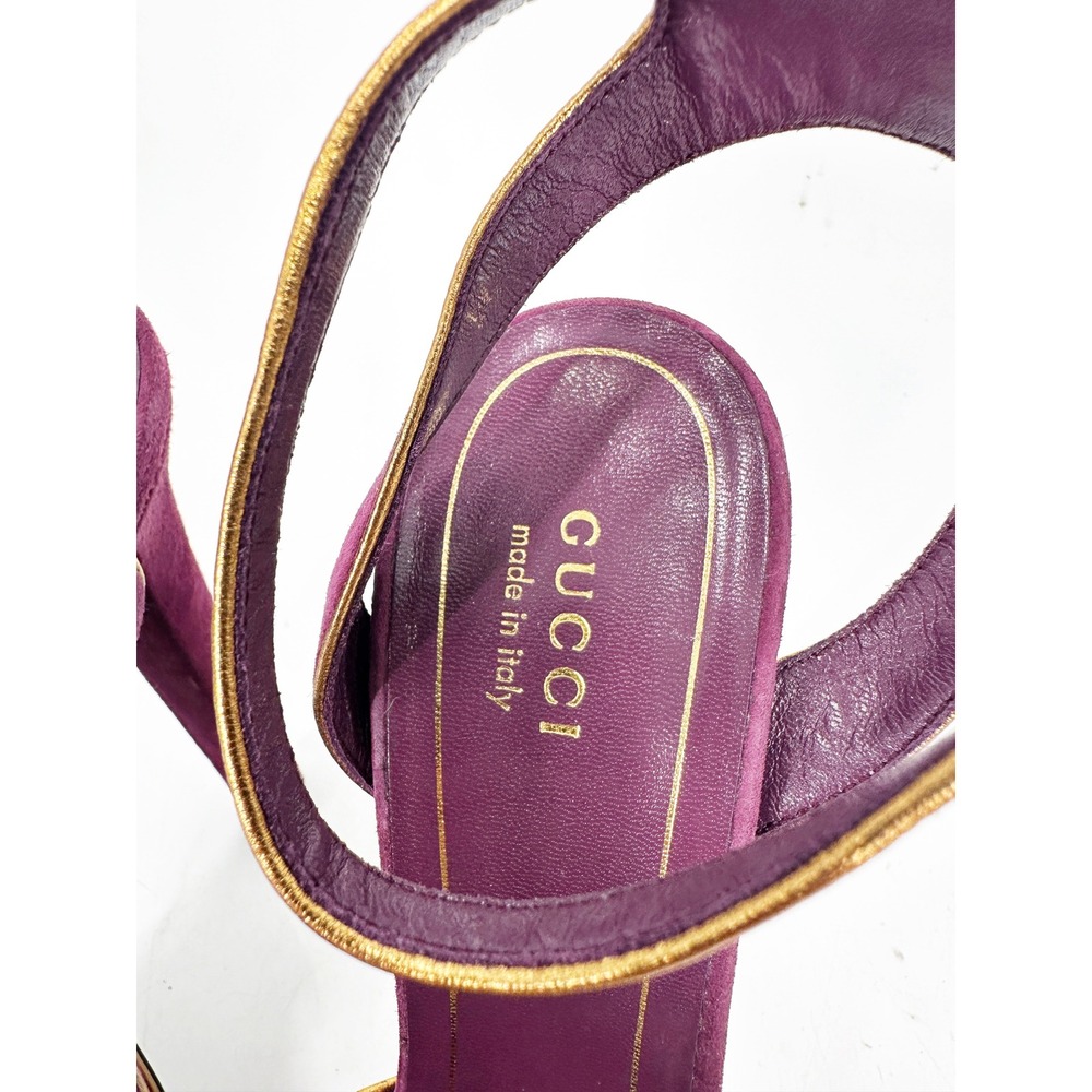 Gucci Platform Pumps Huston 39 Purple Suede Gold Trim Ankle Strap Heels - Picture 10 of 10